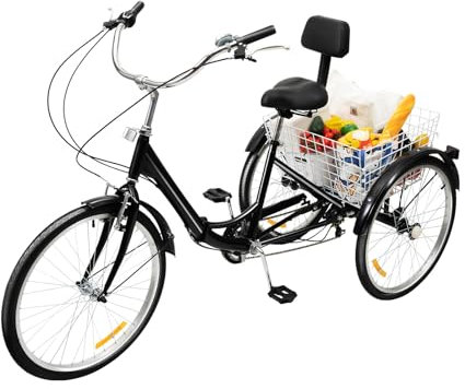 MccoMMon 24-Zoll-Dreirad für Erwachsene, 7-Gang-Cruiser für Erwachsene, Premium-Dreirad mit Rückenlehne und Einkaufskorb