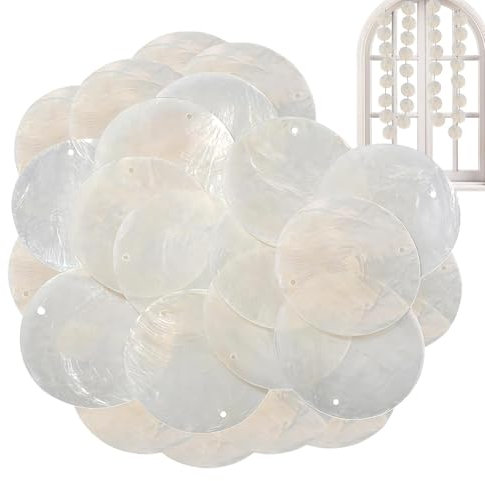 Poludatly 100 Stück runde Muscheln, Capiz-Muscheln mit 2 Löchern, natürliche flache Muschelperlen, Meeresmünzentropfen-Cha-rms, D-IY Meer für Windspiel, Türvorhang, Schmuck