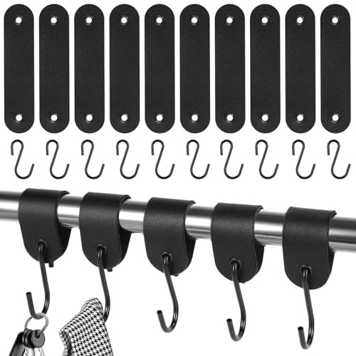 Kixolo Kleiderhaken Garderobe, 10 Stück Haken mit Lederschlaufe, Edelstahl S Haken Schwarz, 12,5 * 3cm, Garderobenhaken Schwarz, Kleiderhaken für Garderobe und Camping (Schwarz)