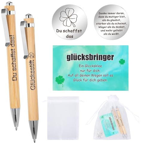 2 Glücksstift, Glücksbringer Prüfung Geschenk, Du Schaffst Das Geschenk Kugelschreiber Personalisiert viel Glück Prüfung Set mit 1 Grußkarte 1 Netzbeutel 1 Schlüsselanhänger für Freund Kollege