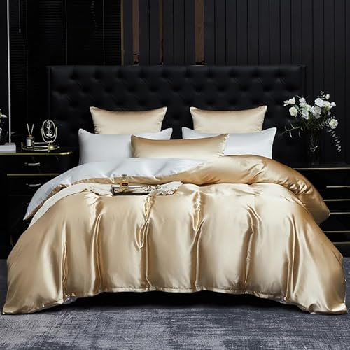 Gezu Bettwäsche Satin 135x200cm 4teilig Khaki Weiß | Glänzend Seide Einfarbig Bettbezug Set Glatt Luxus Bettwäsche Weich Doppelbett mit Reissverschluss und 2 Kissenbezüge 80x80cm