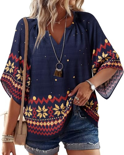 Bebonnie Womens Tunics to Wear with Leggings: Feminine 3/4 Length Sleeve New Years Eve Holiday Festive Christmas Blouses Elegant Casual Night Out Work Office Wear Concert Dress Shirts Navy Blue XL