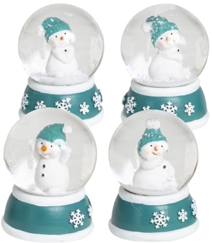 4 x süße Mini-Schneekugeln Schneemann | Trendfarbe türkis weiß auf Sockel Schneeflocke | Wichtelgeschenk | Durchmesser 45mm 090-7918abcd