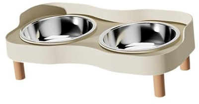 perfk Gamelles surélevées pour Chat avec 2 Bols en Acier Inoxydable, Robustes et Anti-éclaboussures, pour Nourriture et Eau, pour Chiots Petits Animaux, Beige Blanc