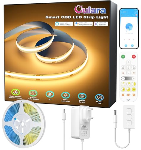 OULARA WIFI COB LED Streifen 3M mit Alexa,Dimmbares Warmweiß 2700K LED Strip Light Set mit RF Fernbedienung und Netzteil,24V LED Band für DIY Beleuchtung unter dem Schrank,Schlafzimmer,Küche.