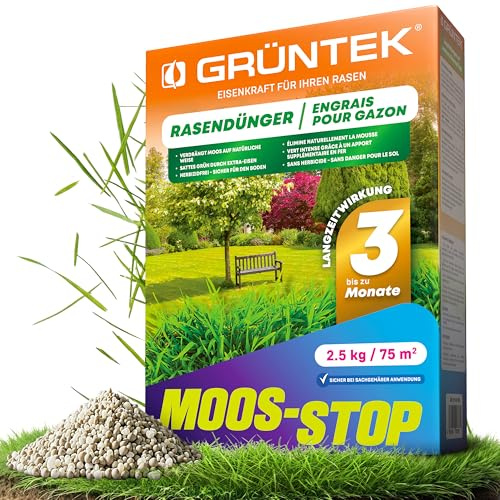 GRÜNTEK Moos-Stop Universaldünger bei Moos und Algen, Pflanzendünger, Rasendünger für Moosanfällige Flächen im ganzen Garten, Verdrängt Natürlich, Rasen Regenerieren, 4-Phasen-System, 2,5kg
