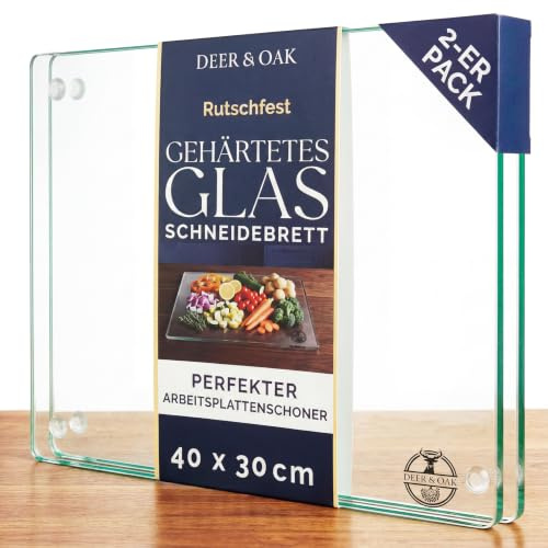 Deer & Oak Glas-Schneidebrett 2er-Pack 40x30 cm, 6 mm gehärtetes Glas | Transparent & Hitzebeständig · Rutschfeste Füße · als Arbeitsplattenauflage