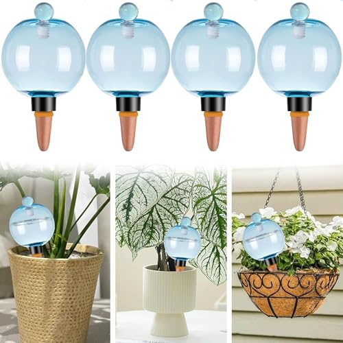 4 bolas de riego 500ml azul, riego automático para plantas con tapas | Tapas herméticas anti polvo,reutilizable,infiltración gradual,apto para flores,hortalizas,interior,balcón y jardín pequeño