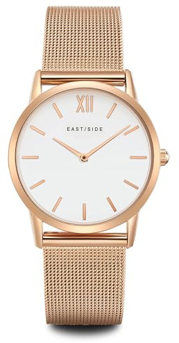 Eastside Damen Uhr Metall-Legierung roségold Quarzwerk 3 ATM | Edelstahl Armband, roségold, Milanaise, Zifferblatt weiß, Mineralglas, Armbanduhr, Fashion-Uhr