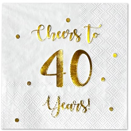 Cocktail-Servietten mit Aufschrift Cheers to 40 Years, Dekoration zum 40. Geburtstag, für Damen und Herren, Partydekoration, 50 Stück, 3-lagige Servietten, 12,7 x 12,7 cm, gefaltet, Weiß