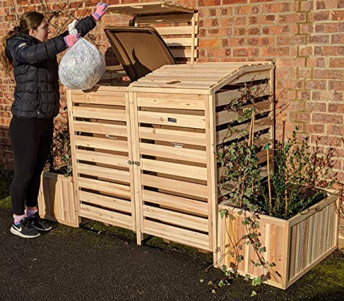 BinGarden Double Wheelie Bin Store with Bi-Fold Roof and matching Planters Garbage Shed for up to 240L Bins / 65G Cans Planter Boxes for storage of two Kerbside Recycling Boxes Natural Colour