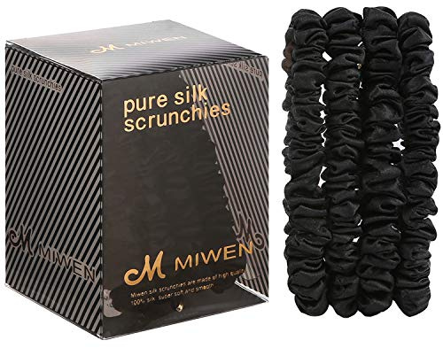 Miwen Seiden-Haargummis für Frauen, klein, schwarz, 100% reine Maulbeerseide, 22 Momme, weich & glänzend, weniger Ziehen, Bruch für Pferdeschwanz und Haarschlaf (4 Stück)