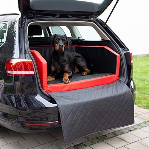 CopcoPet - Travel Bed Hundebett für Kofferraum 100x70x38cm Kunstleder - Kofferraumschutz Hund wasserabweisend & Kratzfest - Hundebett Auto Anschnallsystem & Schutzdecke - Reisebett Hund Rot/Schwarz
