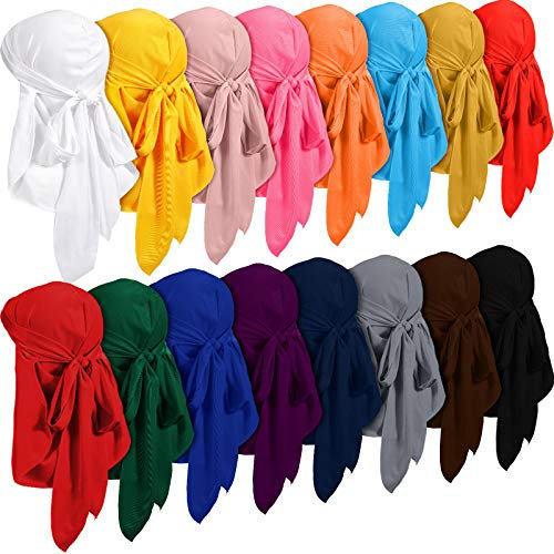 16 Stück Samt Wave Durag Cap Mütze für Männer Frauen Weiche Samt Wellen Durag Headwraps mit langem Schwanz Headwrap Durag Turban Hut breite Träger Durag Piratenhut für 360 Wellen, 16 Farben