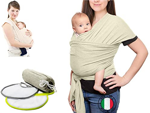 Tragetuch Baby Neugeboren (100% Made In Italy) Mit 2 LÄTZCHEN Inklusive, Tragetuch Baby Aus Bio-Baumwolle, Baby Tragetuch Neugeborene Leicht, Atmungsaktiv, Geeignet Für Bis Zu 15 Kg