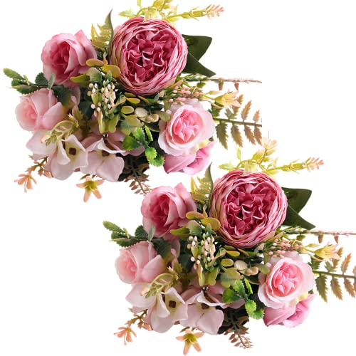 Künstliche Blumen, 2 Stück, künstliche Pfingstrosen, Seide, Hortensien, Blumenstrauß, realistische Nelken, Beeren, Blumenarrangements, Hochzeitssträuße für Party, Heimdekoration (Rosa)