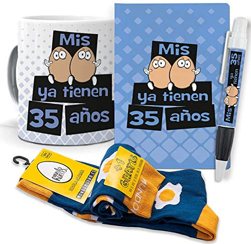 mundohuevo Super Regalo Personalizado para cumpleaños. Mis Huevos ya Tienen 35 años. Taza, libreta, boli y Trio de Calcetines