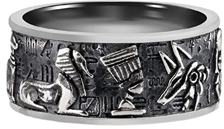 Vintage Schwarzer 925 Sterling Silber Ägyptischer Ring Bandring Geprägter Ankh Anubis Horus Skarabäus Pharao Sphinix Sonne für Herren Damen Größe 70