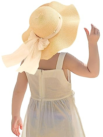 Kunyeah Kids Girl Summer Straw Hat Foldable Wide Brim Cap Sun Visor Hats Sun Protection Beach Hats Bowknot Floppy Cap (Beige)
