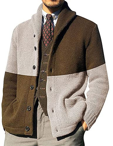 Ying Jacke Herren Revers Mode Farbabstimmung Urban Jugend Longsleeve Knopfleiste Herren Strickjacke Regular Fit Frühling Casual Atmungsaktiv Herren Stricken Jacke D-Beige M