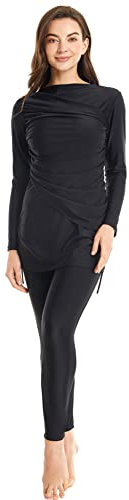 IWEMEK Muslimische Badeanzug Damen Modest Burkini Lang Bademode 3 Stück Ganzkörper Langarm Islamische Arabische UV Schutz Beachwear Surfen Anzug Top + Hose + Hijab Schwimmhaube Schwarz XL