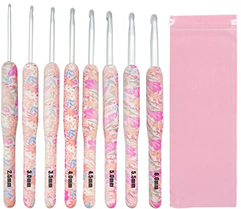 Häkelnadel set anfänger, 8 Stück ergonomische häkelnadel Kunststoffgriff häckelnadelnset für anfänger Strickwerkzeuge aluminium häkelnadeln set für Erwachsene mit Tasche (Rosa)