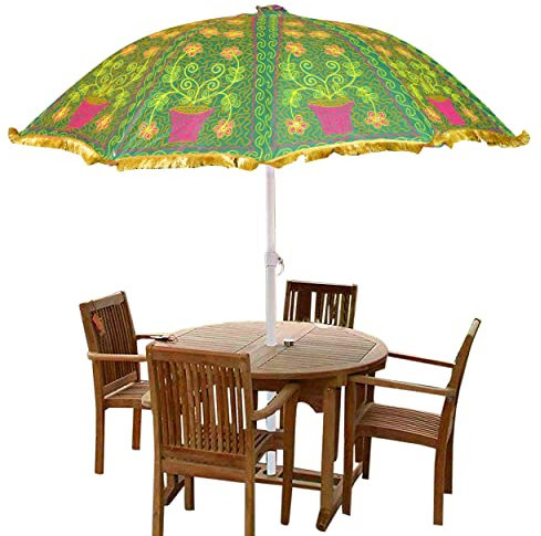 Marusthali Sombrilla de jardín indio, sombrilla, sombrilla colgante para patio, sombrilla pequeña, para playa, piscina, patio, paraguas redondo, diámetro: 228 cm, Bordado verde, L