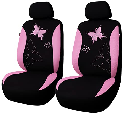 Flying Banner Fashion Colorful Butterfly Lace Embroidery Car Seat Covers Front Airbag Compatible(2 Fronts, Pink)