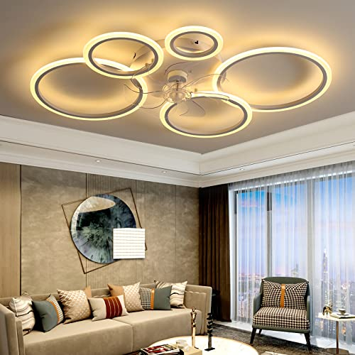 YUNZI Modern Ceiling Fan with Lighting & Remote Control, White LED Dimmable Ceiling Lamp with Fan, Low Profile Fan Ceiling Lights for Bedroom Living Room, DC Reversible Motor, 6-Speed Wind, 100CM