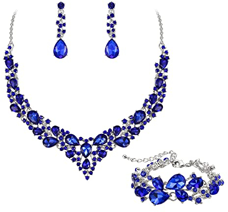 EVER FAITH Statement Halskette Ohrringe und Armband Set für Damen österreichische Kristall Tropfen Cluster Schmuckset Blau Silber-Tone