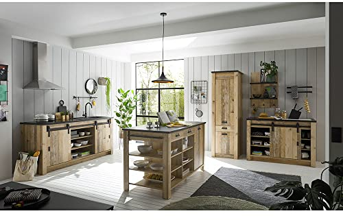 Lomadox Küchenmöbel Küchen komplett Set, Old Style hell Nb. mit anthrazit mit Stauraumschrank, Spültischen 133cm + 201cm, Kücheninsel, Wandregal