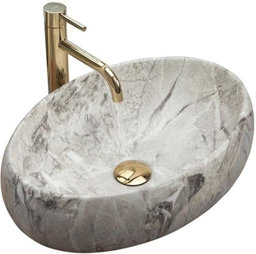 Rea Aufsatzwaschbecken Linda Stone, Waschtisch Handwaschbecken Spülbecken Waschschale Waschbecken für Badezimmer aus hochwertiger Keramik, 485 x 340 x 145 mm (braun, Steinimitat)