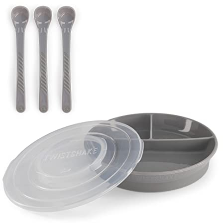 Twistshake Set De Vajilla Para Bebé | Plato Dividido + Cubiertos 3 Cucharas | Sin BPA | Kit De Entrenamiento De Alimentación Para Niños | Gris
