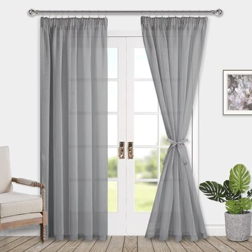 DWCN Voile Vorhänge mit Kräuselband Leinenoptik 2 Stücke Halbtransparent Vorhänge für Wohnzimmer,Durchsichtige Gardinen,Grau,225x140cm (Höhe x Breite)