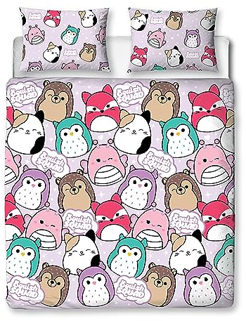 Character World Squishmallows Offizielles Bettwäsche-Set für Doppelbett, helles Design, wendbar, 2-seitig, Squish Squad Bettbezug, offizielles Merchandise-Produkt, inklusive passenden Kissenbezügen