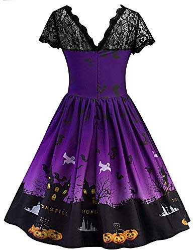 Deguisement Halloween Femme Manche Courte Vintage Dentelle Imprimée Plissée Mi Longue Robe Cosplay Gothique Medievale Steampunk Princesse Chic et Elegant Sexy Costume Femme Halloween A-Violet S