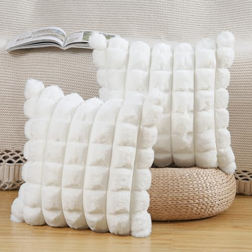 Madizz 2er Set Kunstpelz Plüsch Dekorative Kissenbezüge Gestreifte Weich Dekorative Kissenbezug für Sofa Schlafzimmer Kissen Shell Creme Weiß 45 x 45 cm