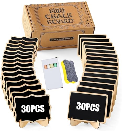 LATERN 60 Pièces Mini Panneaux de Tableau, 10CM x 7.5CM Étiquettes de Tableau en Bois Petits Tableaux Noirs à Messages Rectangulaires avec Chevalet et Craie pour Panneaux Alimentaires Marque-Places