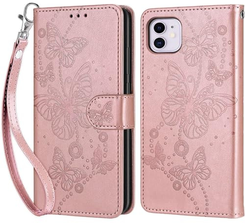 KENHONER Coque pour iPhone 11 Portefeuille, Or Rose Papillon | Premium en Cuir PU, Housse Etui Multifonction, Fermeture Magnétique à Clapet, Anti-Choc, Compatible Book