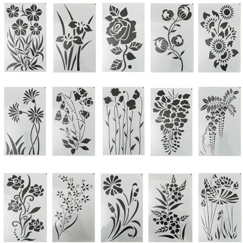 Crafts 15 Stück Blumen-Schablonen, BOSOIRSOU Pflanzen-Rosen-Schablonen-Vorlagen, botanische Blätter, Zeichnungsvorlagen für Bastelarbeiten, Scrapbooking, Malen auf Wandholz