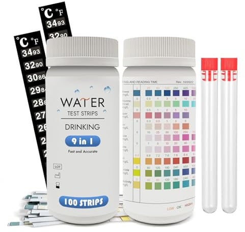 9 in 1 Drinking Water Test Kit, 100 Test Strips for Iron, Copper, Nitrite, Nitrate, pH, Carbonate, and More for Tap Water, Well Water, Swimming Pool, Hot Tub, Aquarium (9 in 1 100 Test Strips)