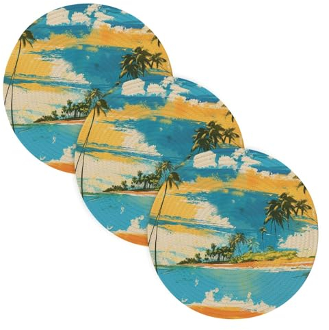 Sottopentola per piatti caldi, 38,1 cm, in filo di cotone, resistente al calore, per stufa, decorazione per la casa, cielo blu e mare giallo, spiaggia sabbiosa con pochi alberi di cocco verdi