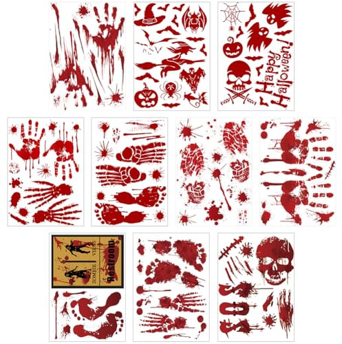 RIUAHST 10 PCS Horror Grusel Dekoration Sticker Blut-Aufkleber Halloween Bloody Handprints Dekoration Sticker Halloween Karneval Party Deko Aufkleber Geeignet für Halloween-Party