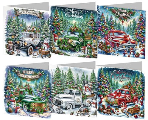 RuiDay 5D DIY Diamond Art Weihnachtskarten, 2024 Neue Diamant-Kunstkarten mit Weihnachtselementen, 6/8/12 Stück Weihnachtskarten, Weihnachten Diamond Art Grußkarten Festival Postkarten (Auto 6 Stück)
