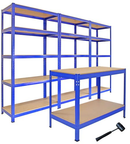 Monster Racking Heavy Duty Garage Storage Shelves (x3) & Workbench Blue 90cm x 182.5cm x 45cm