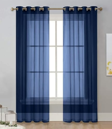 Surwin Color Sólido Translucidas Cortinas Salon, 2 Piezas Cortina con Ojales 132x240 cm Azul Marino, Cocina Dormitorio Cortinas y Moderno Visillos Cortos para Ventanas