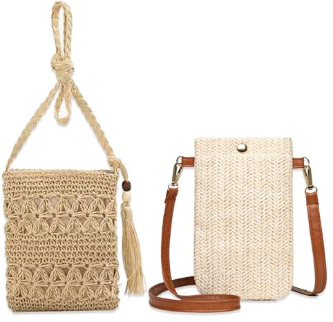 JSTHHTT 2-en-1 Sac Paille Femme, Pochette Telephone Portable Femme, Sacs à Bandoulière Tissés, Sac Telephone Portable Femme, Sac à Bandoulière en Paille de Plage pour Femmes pour Voyage/Vacances