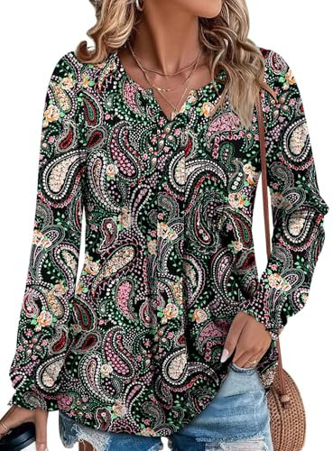 CHICZONE Women's Tops V Neck Pleated Shirts Casual Work Blouses Puff Long Sleeve Dressy Green Pink