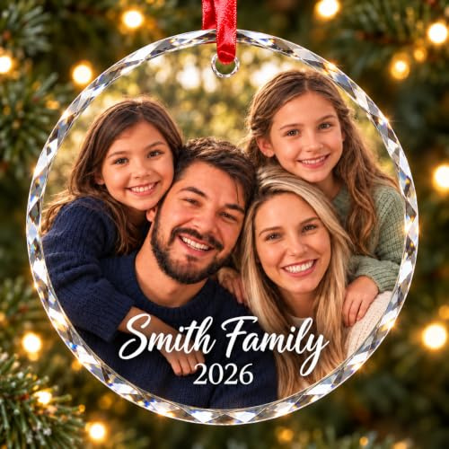 Bemaystar Personalisiert Weihnachtskugeln mit Foto - Weihnachtskugeln Personalisiert mit Fotos Text,Geschenke für Familie, Vater, Mutter,Paar Anpassbar Runden Kristall Dekoration