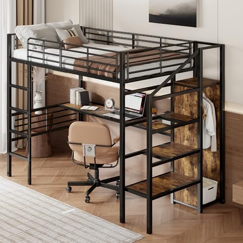 Zravenna Hochbett Schrankbett 90x200 mit Schreibtisch, Hochbett mit Schrank,Kinder Etagenbett mit Stauraumtreppe und Leiter, Rausfallschutz Kinderbett, Metall, Schwarz